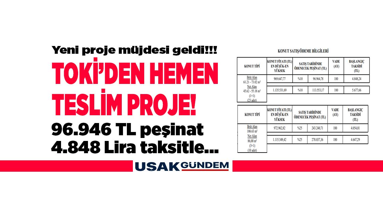 96.946 TL peşinat 4.848 Lira taksitle hiç evi olmayanlara TOKİ'den HEMEN TESLİM konut projesi müjdesi!