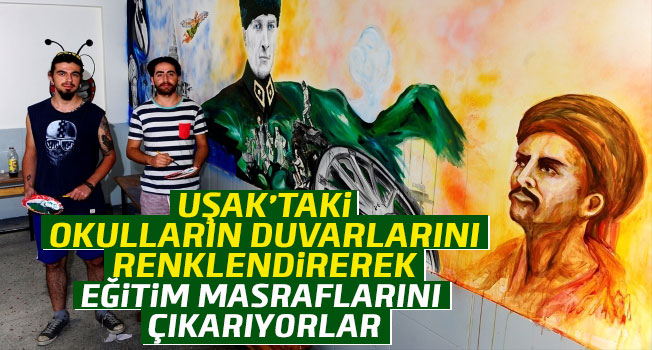Uşak'ta iki üniversite öğrencisi okul duvarlarını fırçalarıyla renklendiriyorlar