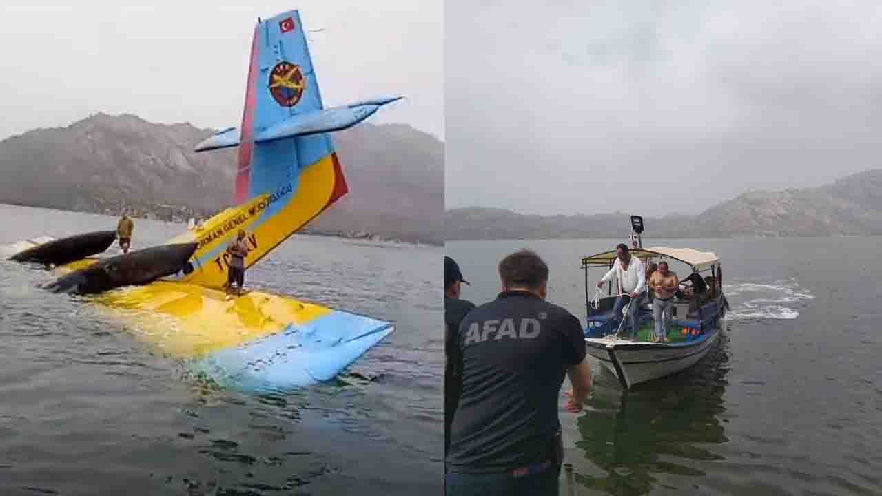 Aydın'da göle sert iniş yapıp batan uçaktaki mürettebat balıkçı teknesi ile kurtarıldı!