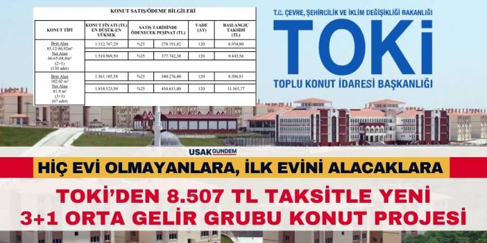 Hiç evi tapusu olmayanlara MÜJDE! İlk evini alana TOKİ'den 8.507 TL taksitle 3+1 ORTA GELİR konut projesi